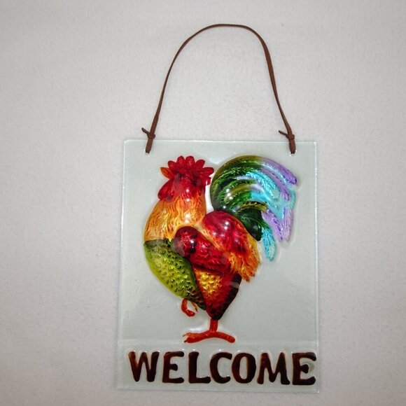 Glass WELCOME Sign Rooster Chicken Hanging Colorful - Picture 2 of 4